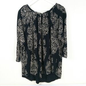 Lucky Brand Floral Print Plus Size Tunic Top 2X Black 3/4 Sleeves Popover